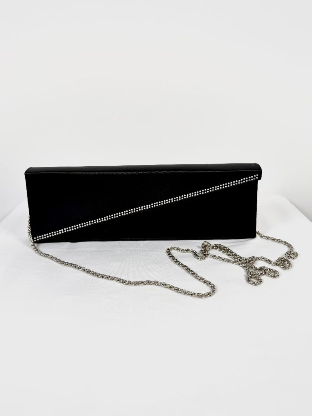 La Regale Black Satin Rhinestones Silver Chain Evening Bag.